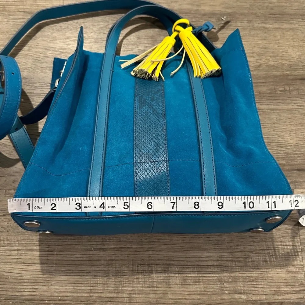 Fossil Hope Satchel Teal Blue Suede Snake Embossed Leather Tassel Handbag Bag